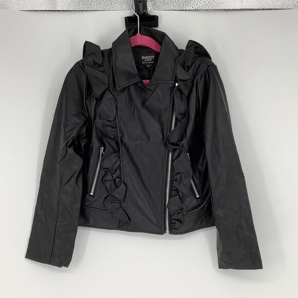 Bardot Junior Size 7-8 Black Chloe Faux Leather Ruffle Jacket Zip Front N1-18 - Picture 2 of 14